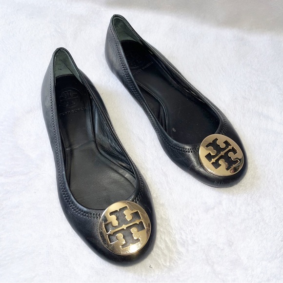 Tory Burch Classic Reva Butter Soft Leather Black Gold Ballet Flats Women's 6.5M - Picture 2 of 10
